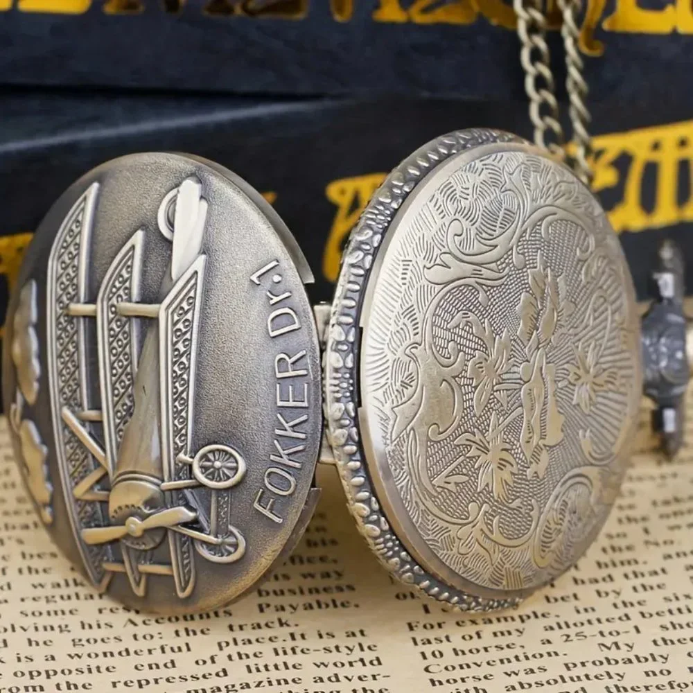 Fokker Dr.I Plane Antique Bronze Pocket Watch with Chain Necklace Unique